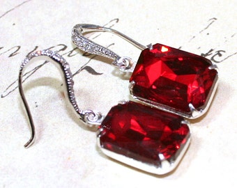 Scarlet Red Emerald Cut Vintage Jeweled Earrings - Sterling Silver and CZ Ear Wires - Free Shipping