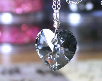 Vintage Swarovski Crystal Heart Pendant in Crystal Silver Night - Dazzling Dark Silver Gray - All Sterling Silver - Handmade - Free Shipping