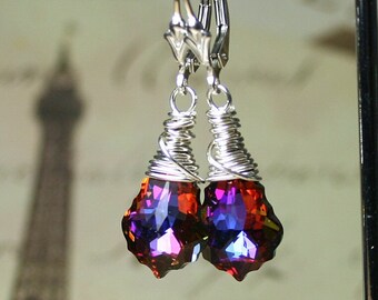 Vintage Swarovski Baroque Crystal Earrings in Volcano - Sterling Silver Wire Wrapping And Lever Backs - Rainbow Earrings - Free Shipping