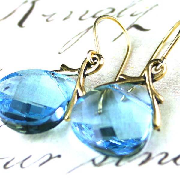 Aqua Blue Cryatal Earrings in Gold - Swarovski Crystal Brioleetes and 14K Gold Vermeil