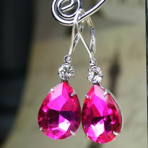 Hot Pink Vintage Jeweled Earrings - Sterling Silver Lever Backs - Fuchsia Pink Teardrop Earrings - Free Shipping
