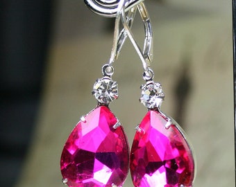 Hot Pink Vintage Jeweled Earrings - Sterling Silver Lever Backs - Fuchsia Pink Teardrop Earrings - Free Shipping