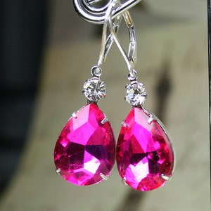 Hot Pink Vintage Jeweled Earrings - Sterling Silver Lever Backs - Fuchsia Pink Teardrop Earrings - Free Shipping