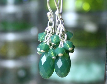 Vintage Jade Swarovski Crystal Briolette Earrings - OOAK - Green Swarovski Crystal and Bali Sterling Silver - Green Opal - Free Shipping