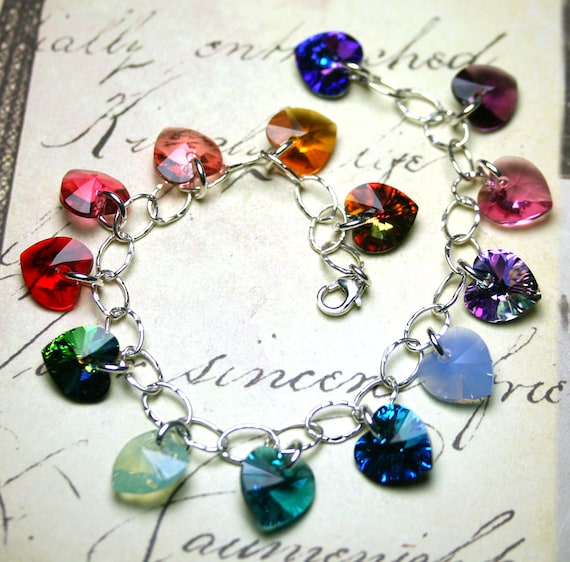 AB Crystal Heart Bracelet Sterling Silver Adjustable Length AB Crystal Heart Bracelet Sterling Silver Adjustable Length