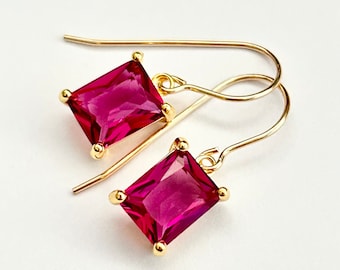 Magenta Emerald Cut Crystal Earrings - 14K Gold Filled Silver Long French Ear Wires - Fuchsia Pink Rectangle Crystal Drops - Free Shipping