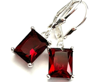 Garnet Emerald Cut Crystal Earrings - Sterling Silver Teardrop Lever Backs - Dark Garnet Red Rectangle Crystal Drops - Free Shipping