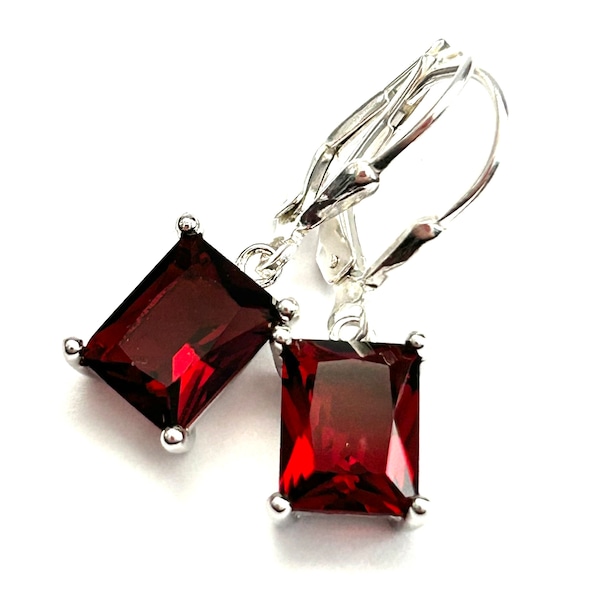 Garnet Emerald Cut Crystal Earrings - Sterling Silver Teardrop Lever Backs - Dark Red Rectangle Crystal Drops - Free Shipping