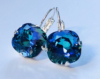 Lever Back Crystal Earrings in Aqua Blue - Swarovski Crystal Cushion Cut Stones in Aqua Vitrail Light and Silver - Free Shipping