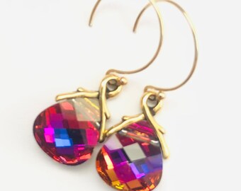 Vintage Swarovski Crystal Briolette Earrings In Volcano - OOAK - Pink Rainbow Crystal - 14K Gold Filled Sterling Silver - Free Shipping