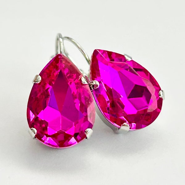 Hot Pink Teardrop Crystal Lever Back Earrings - Fuchsia Pink Pear Shaped Crystal - Silver Lever Back Settings - Free Shipping