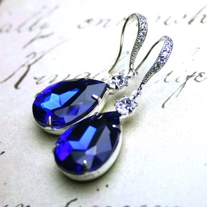 Sapphire Blue Vintage Jeweled Earrings Sterling Silver And CZ Earwires With Royal Blue And Clear Jewels Free Shipping image 1