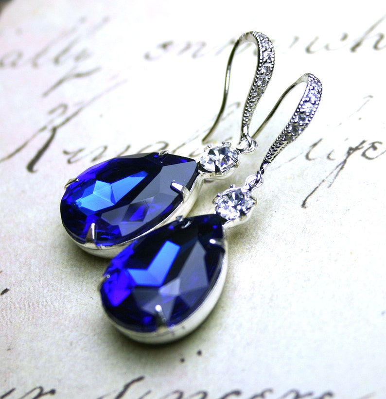 Sapphire Blue Vintage Jeweled Earrings Sterling Silver And CZ Earwires With Royal Blue And Clear Jewels Free Shipping image 1