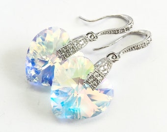 Deco Heart Earrings - OOAK Swarovski Crystal Hearts In Crystal AB - Pave CZ Sterling Silver Ear Wires - Free Shipping