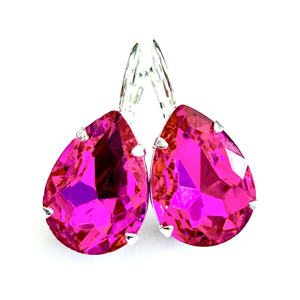 New- Hot Pink Teardrop Crystal Lever Back Earrings - Fuchsia Pink Pear Shaped Crystal - Silver Lever Back Settings - Free Shipping