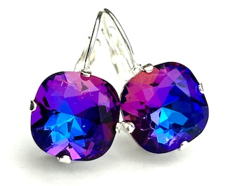 Heliotrope Square Crystal Earrings - Crystal Cushion Cut Stones In Purple Blue With Silver Lever Backs - Handmade In SoCal - Free Shipping