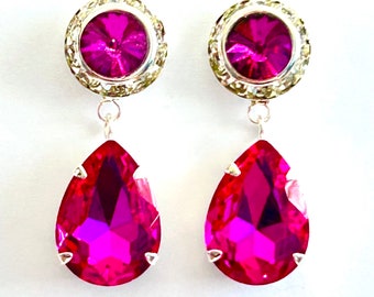 New - Hot Pink Crystal Teardrop Earrings - OOAK - Crystal Halo Bezel - Fuchsia Swarovski Crystal Post Earrings - Free Shipping