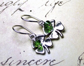 Vintage Swarovski Crystal Clover Earrings In Green - Sterling Silver Shamrocks and Swarovski Crystal in Fern Green - Free Shipping