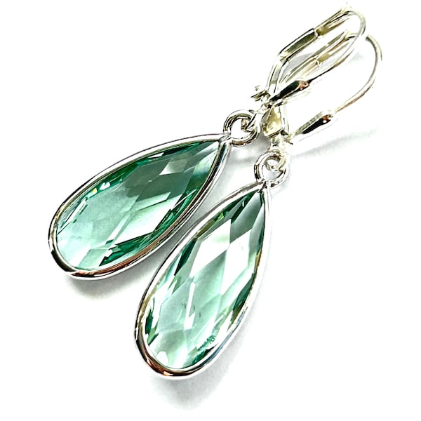 New - Prasiolite Crystal Teardrop Earrings - Sterling Silver Teardrop Lever Backs - Pale Green Framed Jewel Earrings - Free Shipping