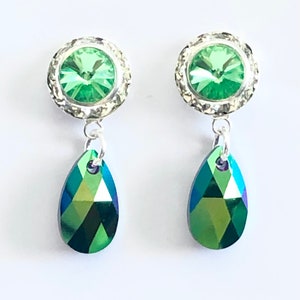 Vintage Swarovski Crystal Teardrop Earrings In Peridot And Scarabus - OOAK - Crystal Halo Bezel - Green Crystal Post Earrings -Free Shipping