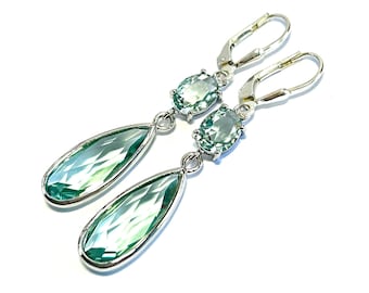 New - Prasiolite Long Crystal Teardrop Earrings - Sterling Silver Teardrop Lever Backs - Pale Green Framed Jewel Earrings - Free Shipping