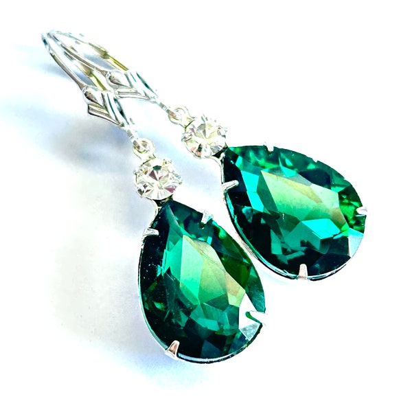 Emerald Green Vintage Jewel Earrings - OOAK - Sterling Silver Fleur-de-Lis Lever Backs - Green Crystal Teardrop Earrings - Free Shipping