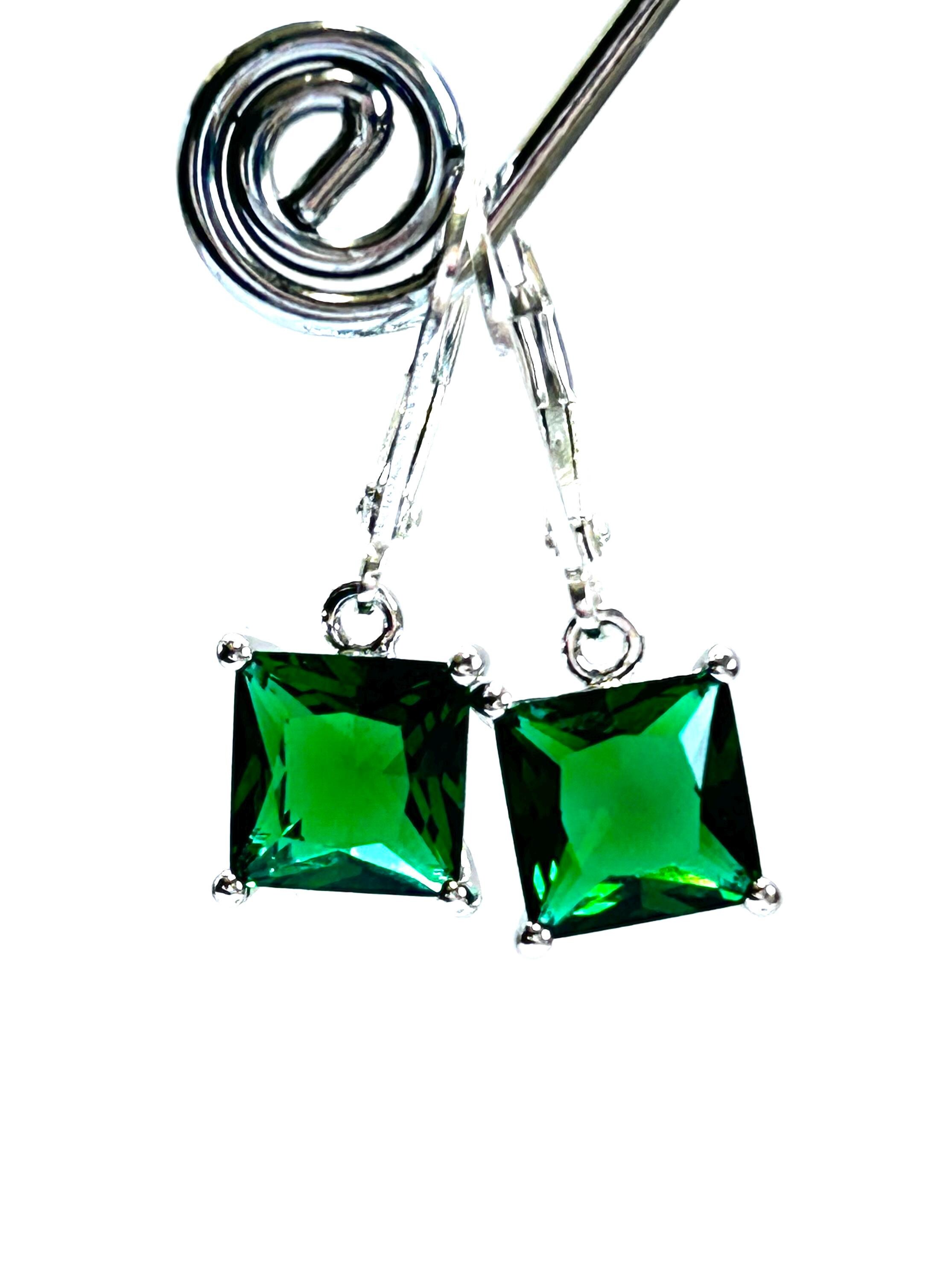 New - Princess Cut Crystal Earrings in Emerald - Pretty Dark Green Square Crystal Drops - Sterling Silver Lever Backs - Free Shipping