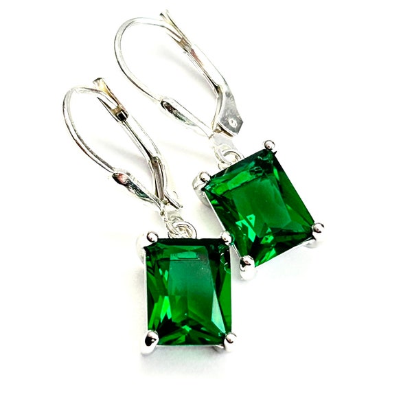 New - Emerald Cut Crystal Earrings - Sterling Silver Teardrop Lever Backs - Emerald Green Rectangle Crystal Drops - Free Shipping