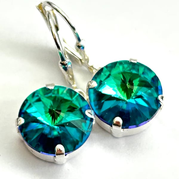 New - Aqua Sphinx Crystal Lever Back Earrings - Green Blue Rivoli Crystal Stones - Sterling Silver Lever Backs - Free Shipping