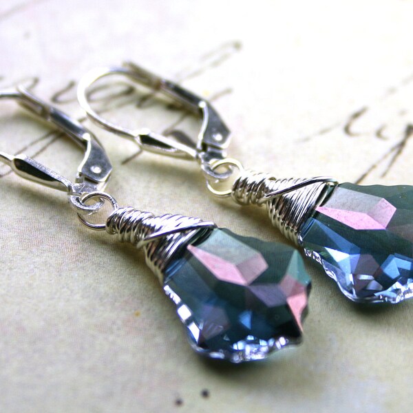 Rare Swarovski Blue Titan Baroque Crystal Earrings - Swarovski Crystal Wire Wrapped with Sterling Silver - Free Shipping