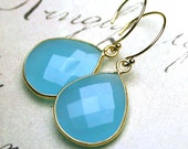 Blue Chalcedony Earrings - Light Blue Gemstone Drops Framed With 14K Gold Filled Sterling Silver Ear Wires - Free Shipping