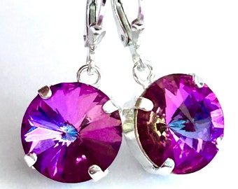Pink Crystal Earrings - Crystal Rivoli Stones In Rose Heliotrope - Sterling Silver Teardrop Lever Backs - Free Shipping