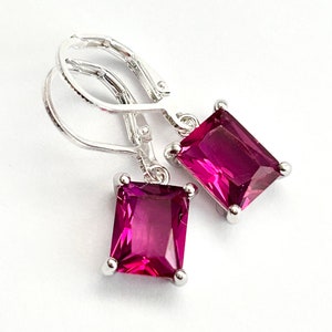 New - Magenta Emerald Cut Crystal Earrings - Sterling Silver Lever Backs - Fuchsia Pink Rectangle Crystal Drops - Free Shipping