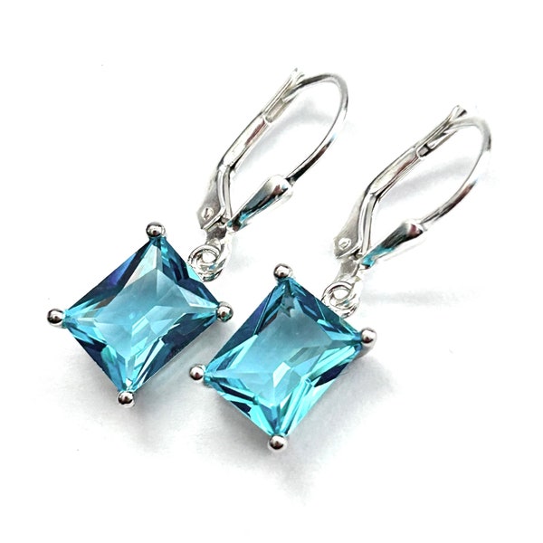 New- Emerald Cut Crystal Earrings In Aqua - Sterling Silver Teardrop Lever Backs - Aquamarine Blue Rectangle Crystal Drops - Free Shipping