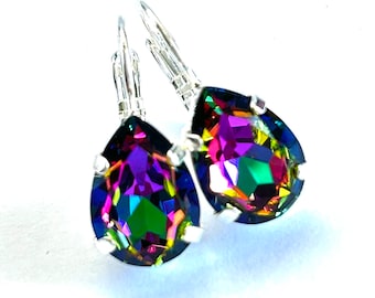 New - Rainbow Pear Shaped Crystal Lever Back Earrings In Silver - Vitrail Medium Teardrop Earrings - Handmade in SoCal - Free Shipping