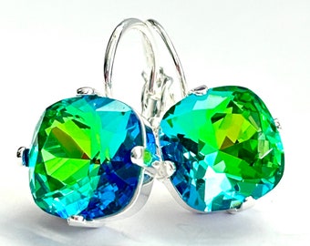 New - Sphinx Cushion Cut Crystal Earrings - Green And Blue Square Crystal Lever Back Earrings In Silver - Free Shipping