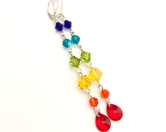 Long Linear Swarovski Crystal Earrings - Vintage Beads In A Rainbow Of Colors - All Sterling Silver - Lever Backs - Free Shipping