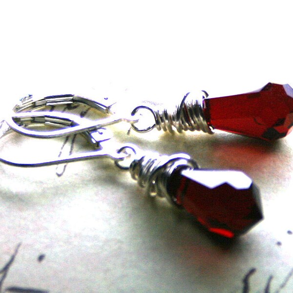 Scarlet Red Teardrop Crystal Earrings - Swarovski Crystal Earrings in Siam  Red - Wire Wrapped with Sterling Silver - FREE SHIPPING