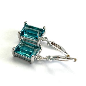 Teal Blue Emerald Cut Crystal Earrings Sterling Silver Teardrop Lever Backs Green Blue Rectangle Crystal Drops Free Shipping image 3