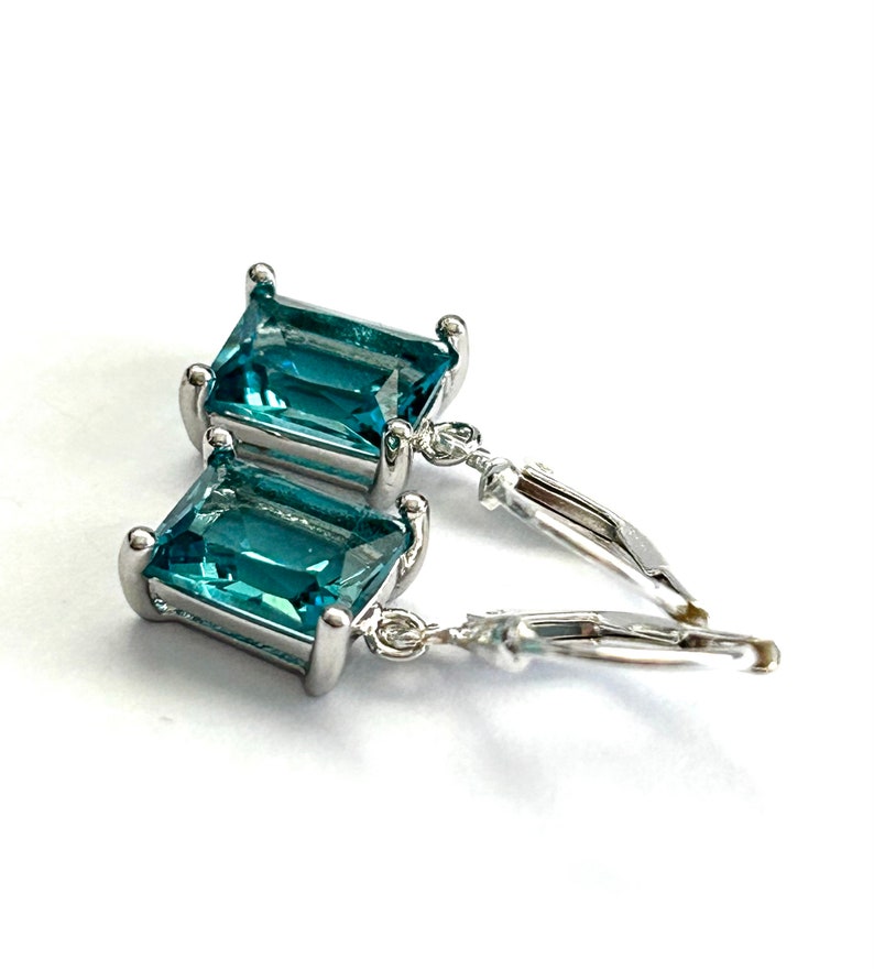 Teal Blue Emerald Cut Crystal Earrings Sterling Silver Teardrop Lever Backs Green Blue Rectangle Crystal Drops Free Shipping image 3