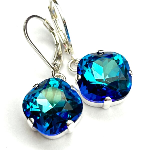 New - Bermuda Blue Cushion Cut Crystal Lever Back Earrings - Sapphire And Aqua Square Earrings - Sterling Silver Lever Backs - Free Shipping