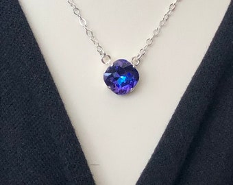 Vintage Swarovski Crystal Square Pendant In Heliotrope - Purple Cushion Cut Swarovski Crystal Stone - All Sterling Silver - Free Shipping