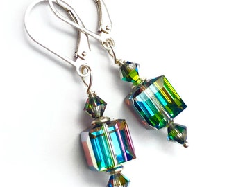 Chantal Crystal Earrings - OOAK Swarovski Crystal In Vitrail - Rainbow Of Colors - Sterling Silver Lever Backs - Free Shipping
