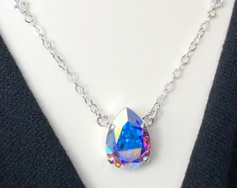 Vintage Swarovski Crystal Teardrop Necklace In Crystal AB - All Sterling Silver - Colorful Crystal AB Pendant - Free Shipping