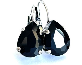 New - Black Pear Shaped Crystal Lever Back Earrings In Antique Silver - 14mm Jet Black Teardrop Earrings - Handmade in SoCal - Free Shipping