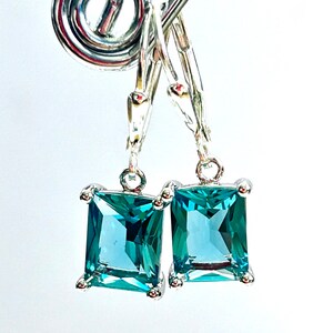 Teal Blue Emerald Cut Crystal Earrings Sterling Silver Teardrop Lever Backs Green Blue Rectangle Crystal Drops Free Shipping image 2