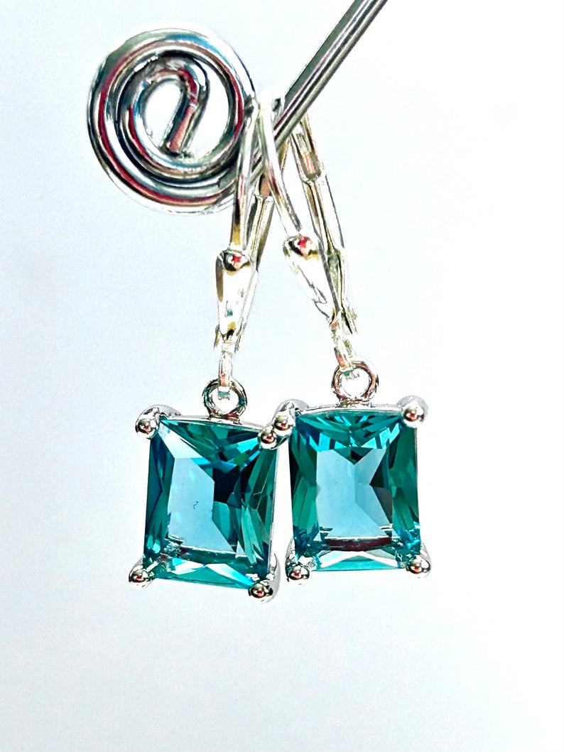 Teal Blue Emerald Cut Crystal Earrings Sterling Silver Teardrop Lever Backs Green Blue Rectangle Crystal Drops Free Shipping image 2