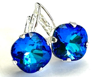 New - Laguna Blue Cushion Cut Crystal Lever Back Earrings - Sapphire And Aqua Square Cut Silver Earrings - Handmade in SoCal - Free Shipping