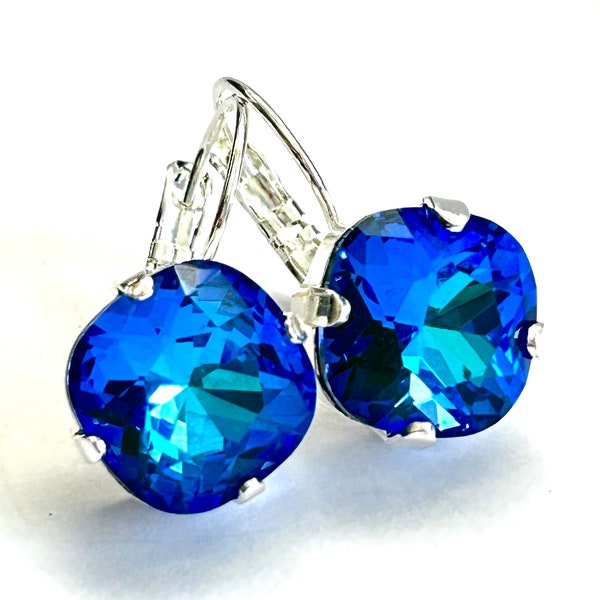 New - Laguna Blue Cushion Cut Crystal Lever Back Earrings - Sapphire And Aqua Square Cut Silver Earrings - Handmade in SoCal - Free Shipping