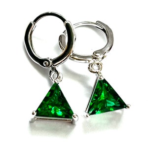 Emerald Green Crystal Trilliant Lever Hoop Earrings - Last Pair - Bright Green Triangle Jewels - Silver Lever Hoop Earrings - Free Shipping
